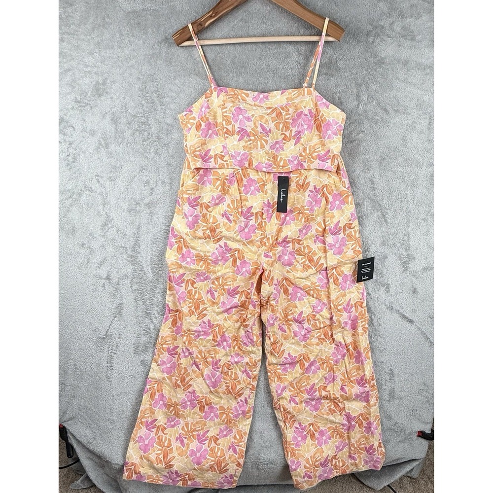 Lulus Hibiscus Haze Orange Floral Print Wide-Leg Two-Piece Jumpsuit Size XL NWT